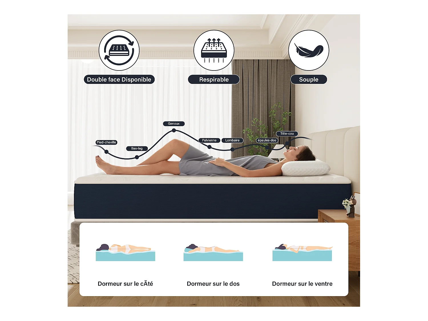 Matelas mousse 160x200, 28 cm Matelas en mousse, Advanced Sleep Care, Respirant, Zone 7, réversible des deux côtés