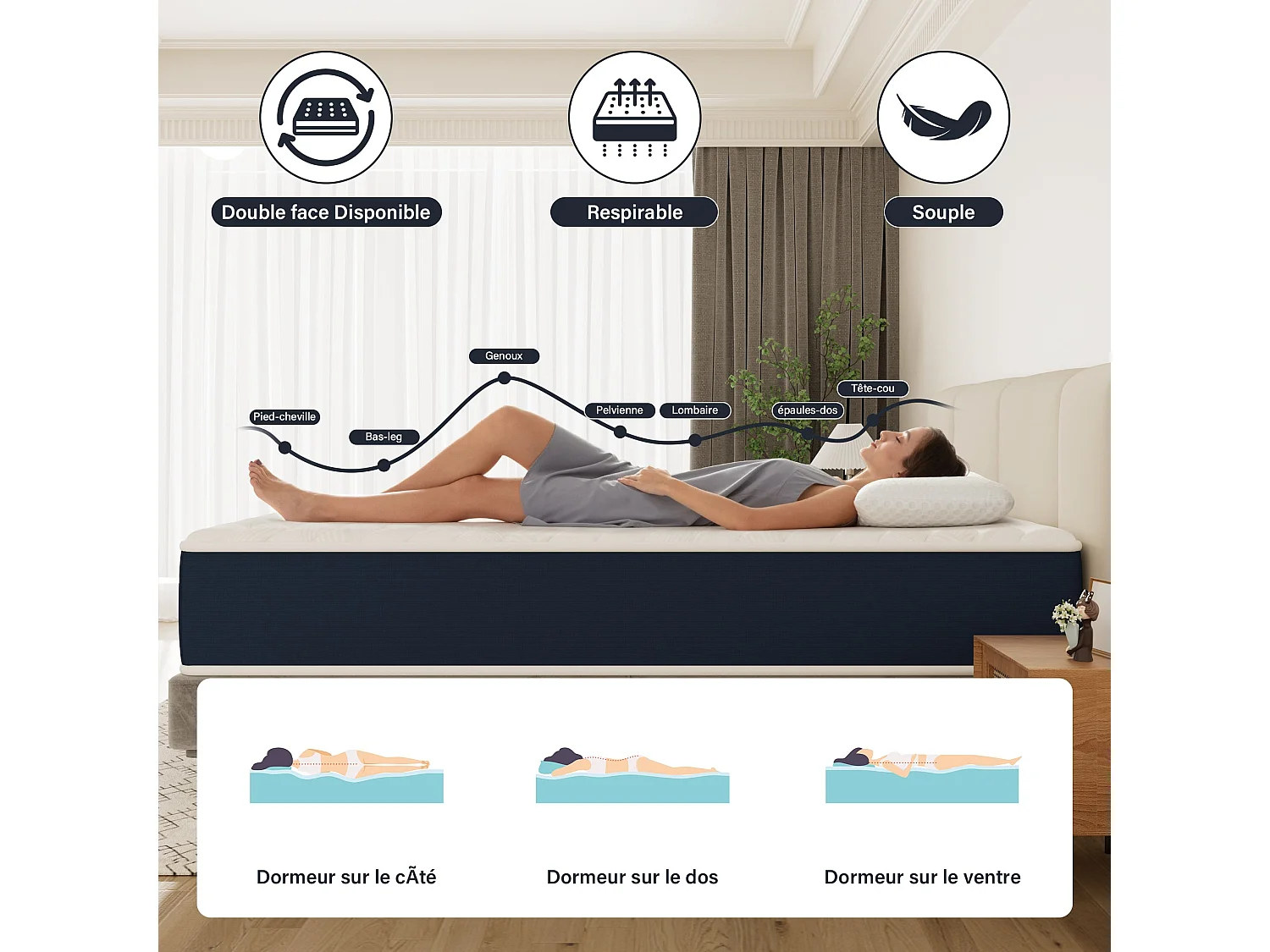 Matelas mousse 140x190, 32 cm Matelas en mousse, Advanced Sleep Care, Respirant, Zone 7, réversible