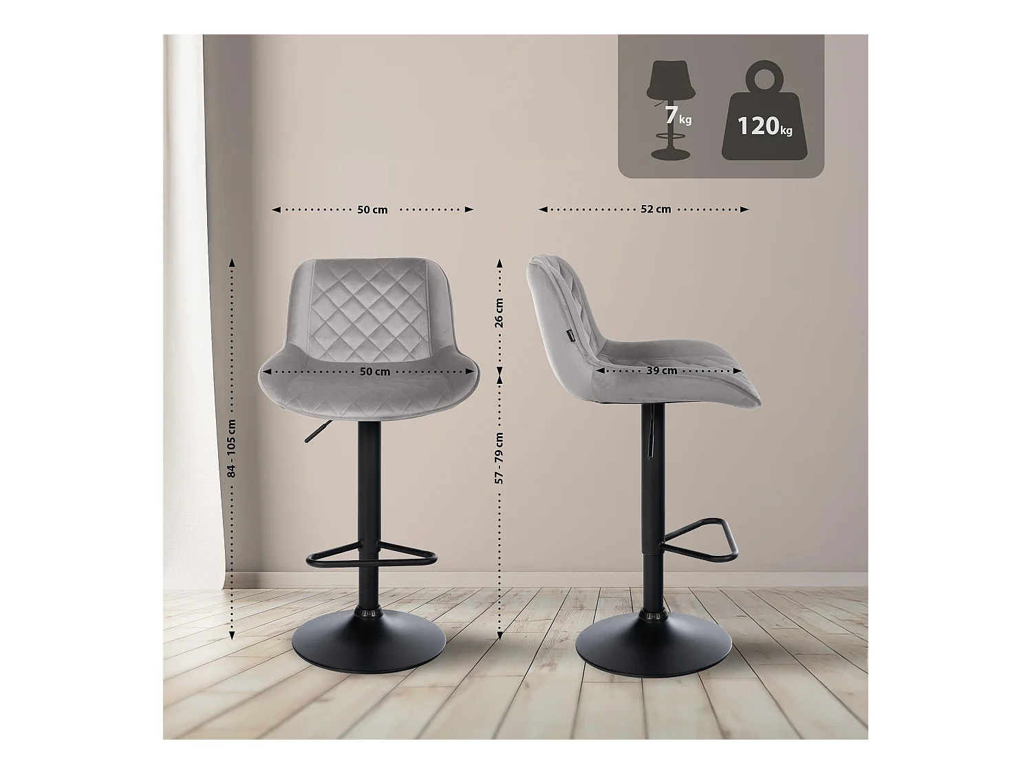 Lot de 2  Tabouret de bar - Velours - Gris - Kasson