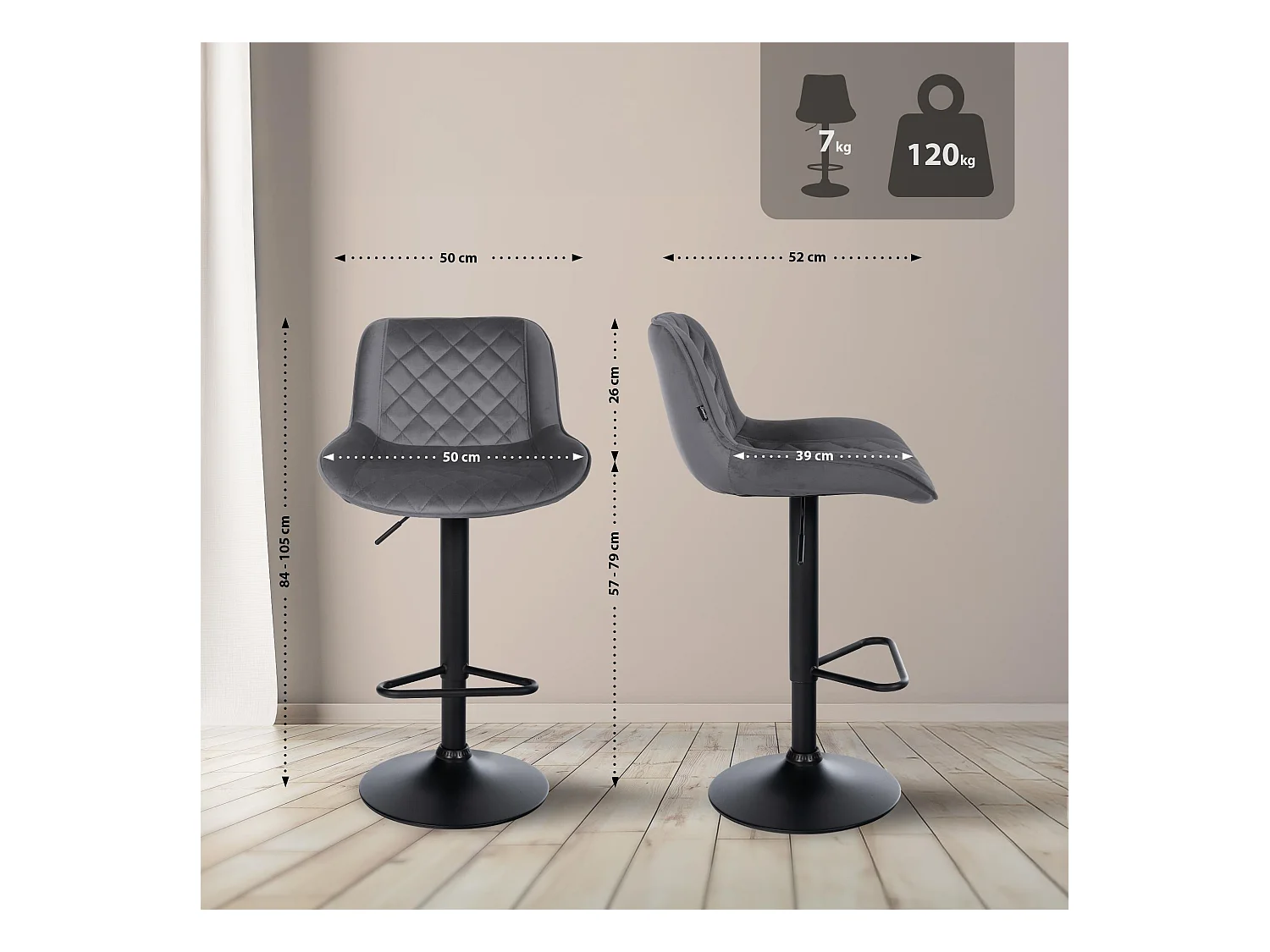 Lot de 2  Tabouret de bar - Velours - Gris foncé - Kasson