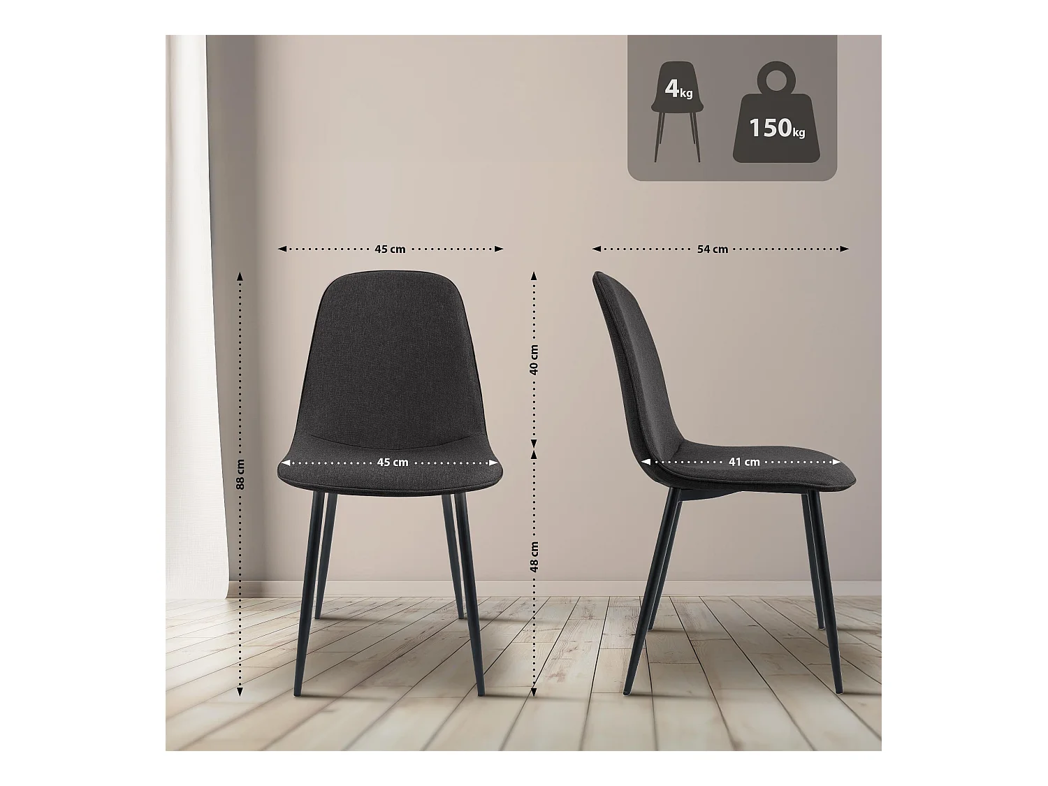 Lot de 2  chaise salle à manger - Tissu - Gris foncé - Maryam