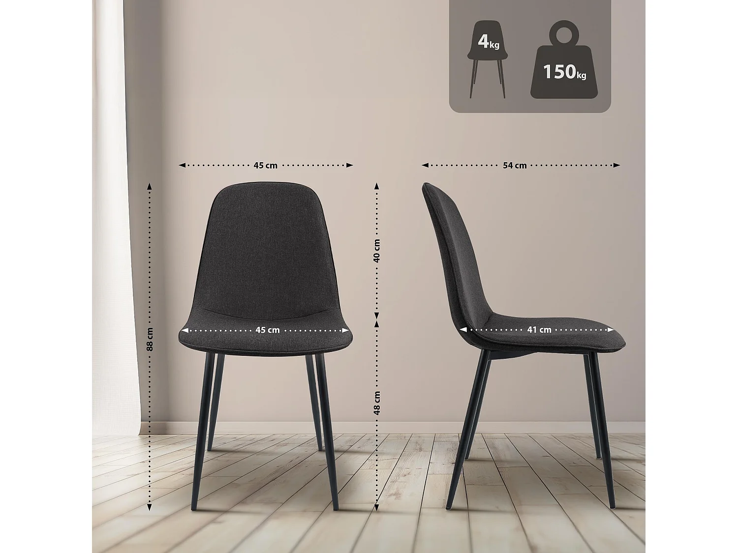 Lot de 2  chaise salle à manger - Tissu - Gris foncé - Maryam