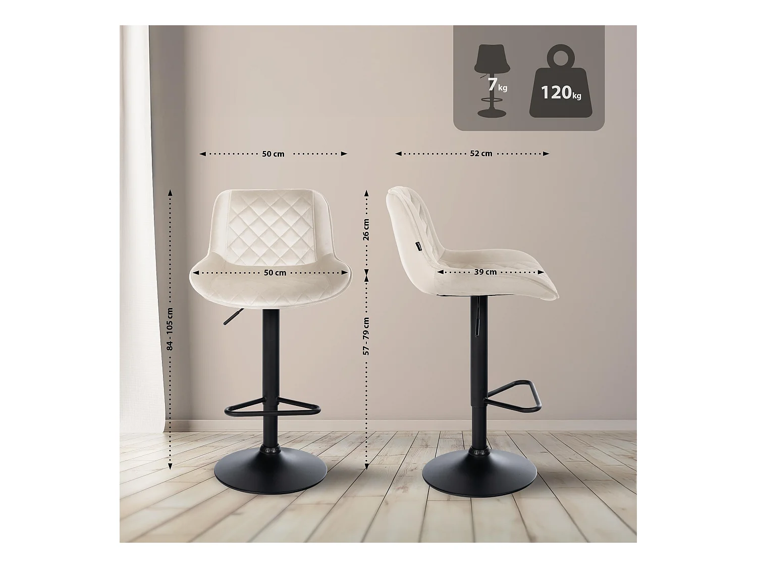 Lot de 2  Tabouret de bar - Velours - Crème - Kasson