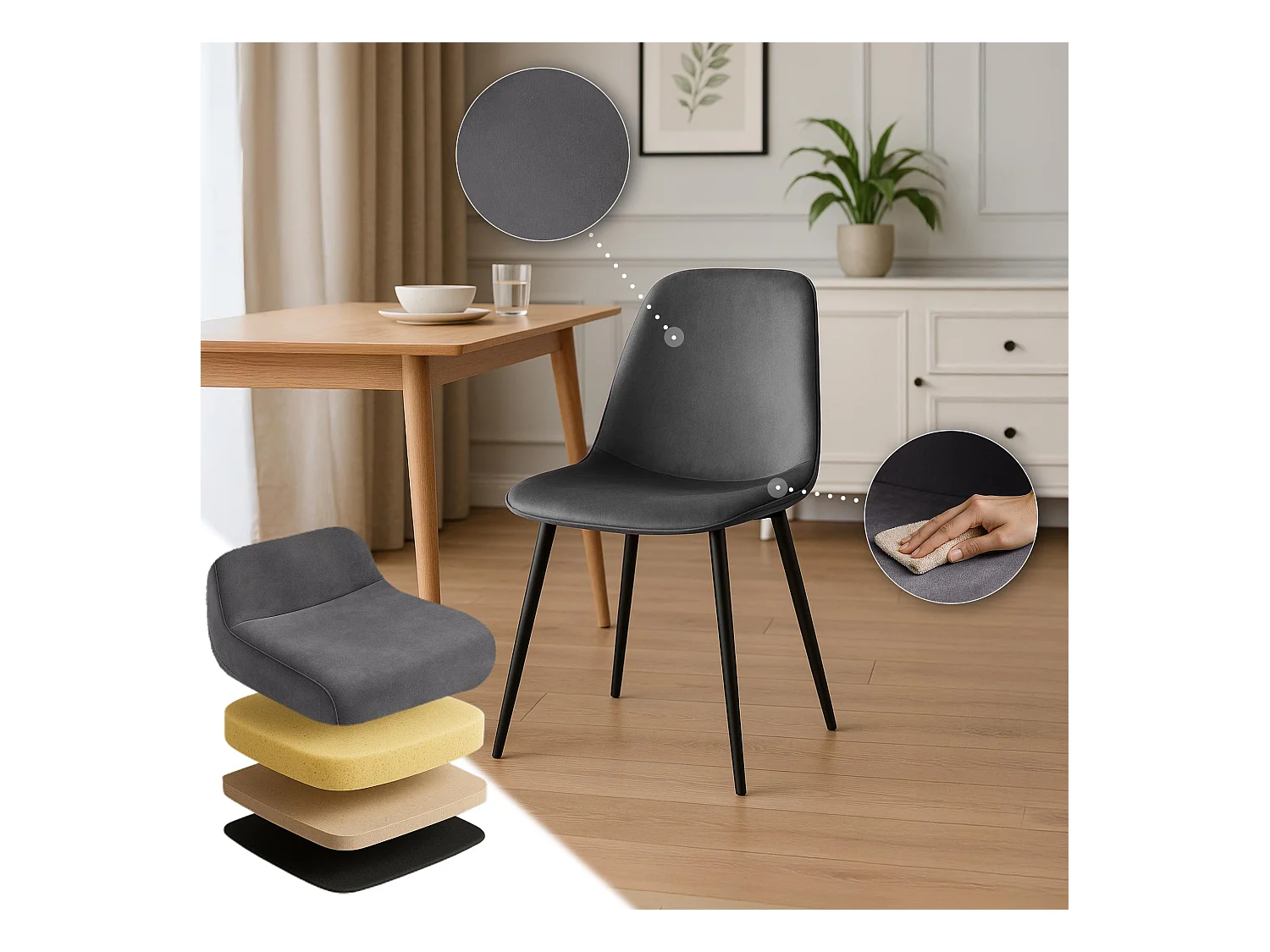 Lot de 2  chaise salle à manger - Velours - Gris foncé - Maryam