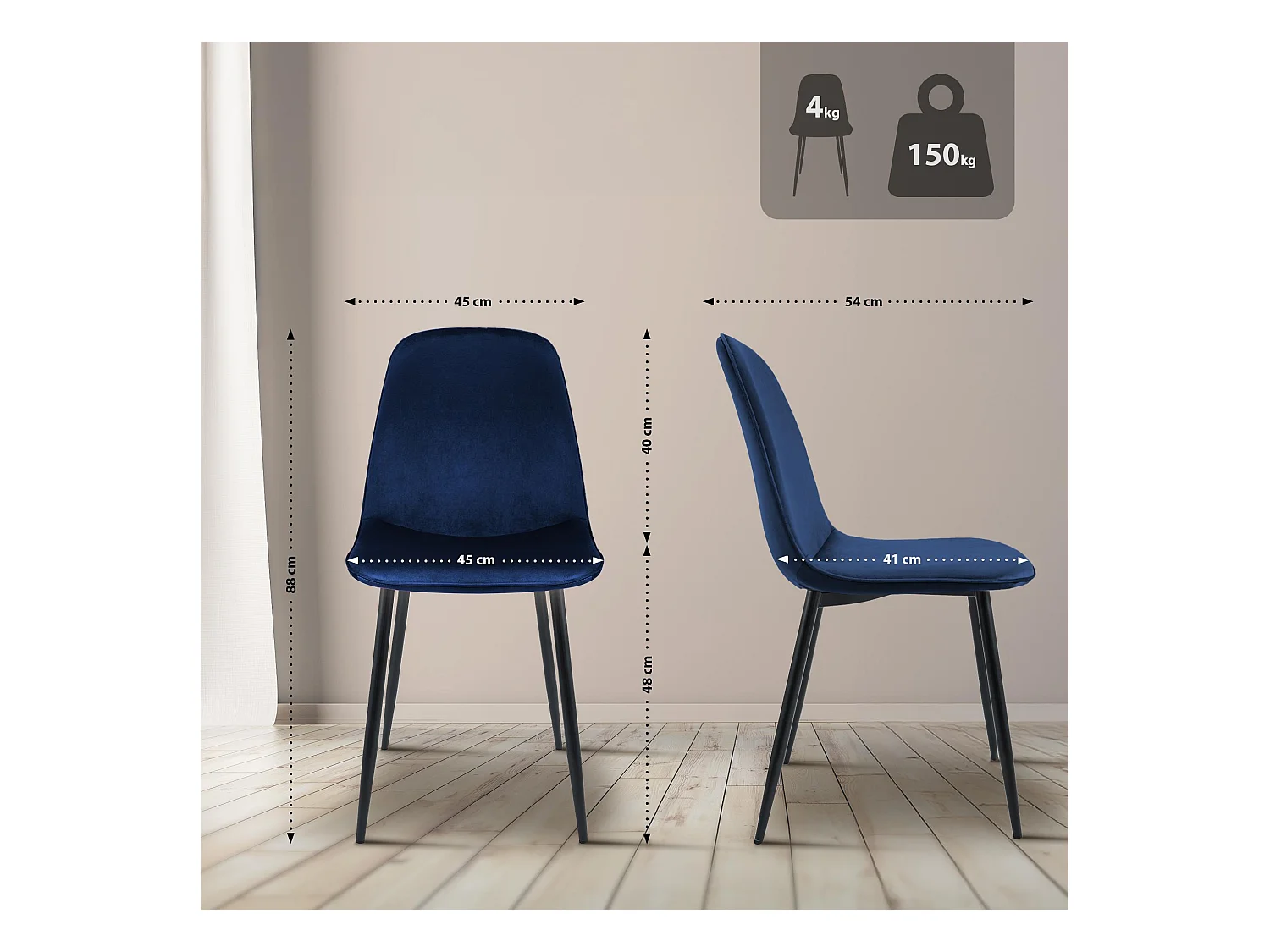 Lot de 2  chaise salle à manger - Velours - Bleu foncé - Maryam