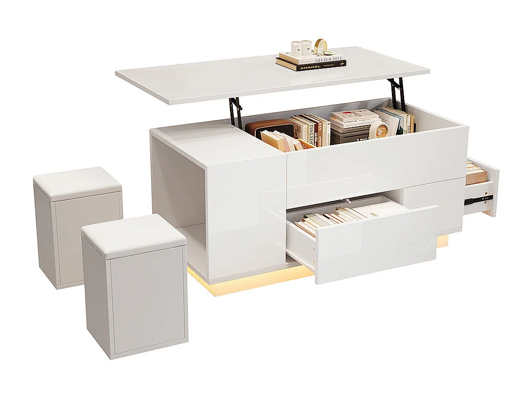 Table basse relevable 4 en 1 LED 2 tiroirs brillante canapé 2 tabourets rangement caché charge 50 kg blanc