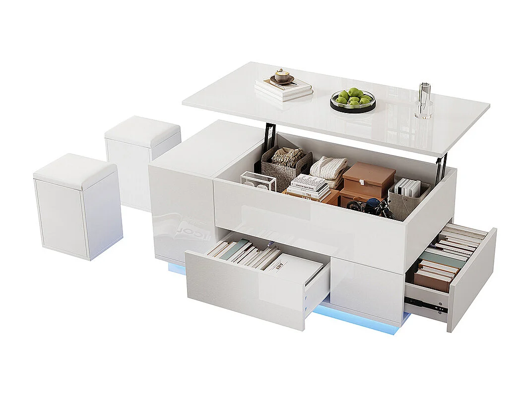 Table basse relevable 4 en 1 LED 2 tiroirs brillante canapé 2 tabourets rangement caché charge 50 kg blanc