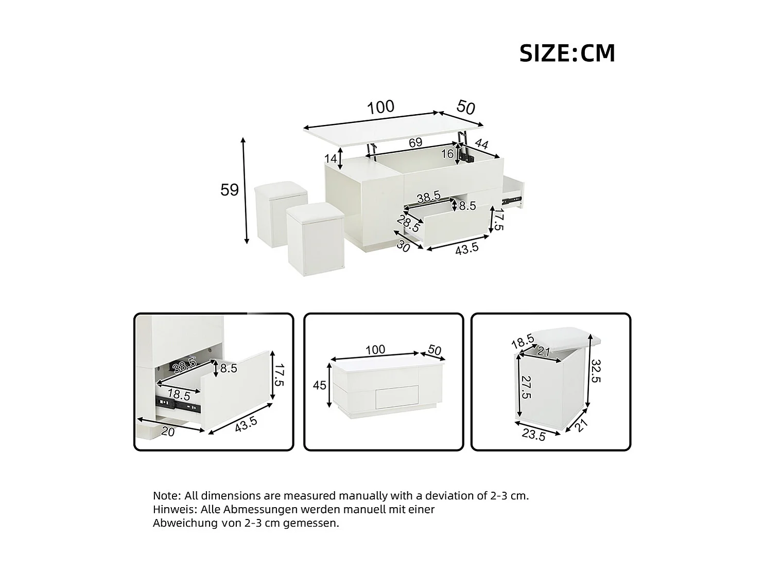 Table basse relevable 4 en 1 LED 2 tiroirs brillante canapé 2 tabourets rangement caché charge 50 kg blanc