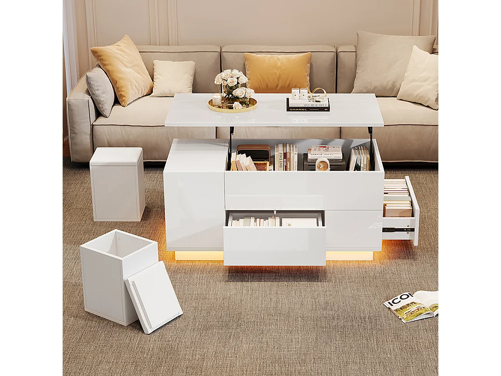 Table basse relevable 4 en 1 LED 2 tiroirs brillante canapé 2 tabourets rangement caché charge 50 kg blanc
