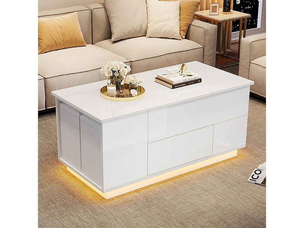 Table basse relevable 4 en 1 LED 2 tiroirs brillante canapé 2 tabourets rangement caché charge 50 kg blanc