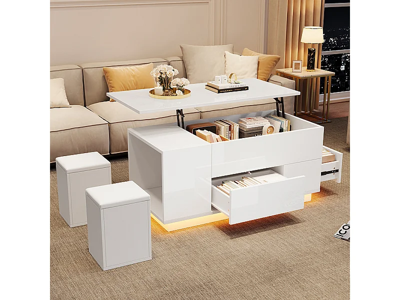 Table basse relevable 4 en 1 LED 2 tiroirs brillante canapé 2 tabourets rangement caché charge 50 kg blanc