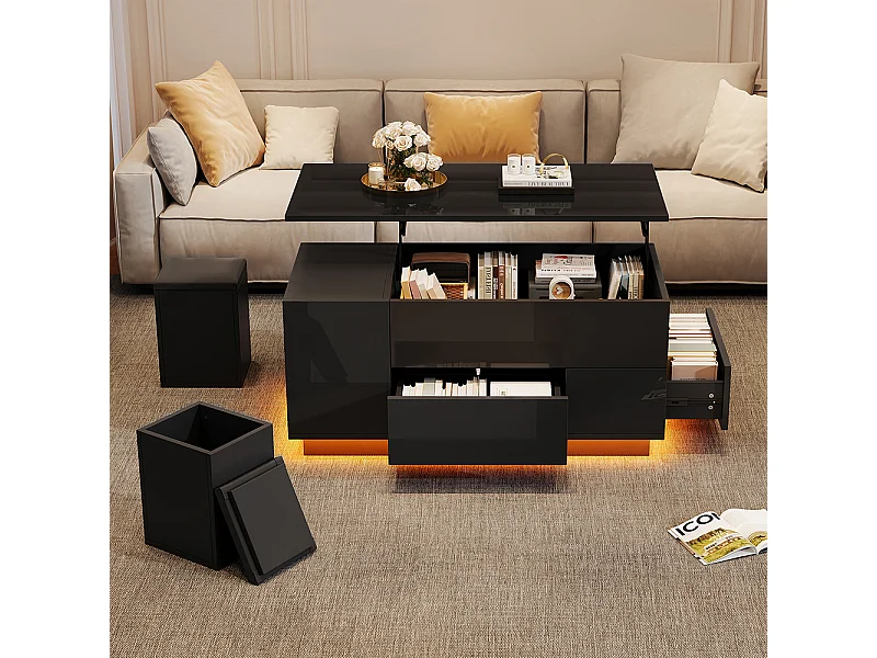 Table basse relevable 4 en 1 LED 2 tiroirs brillante canapé 2 tabourets rangement caché charge 50 kg noir