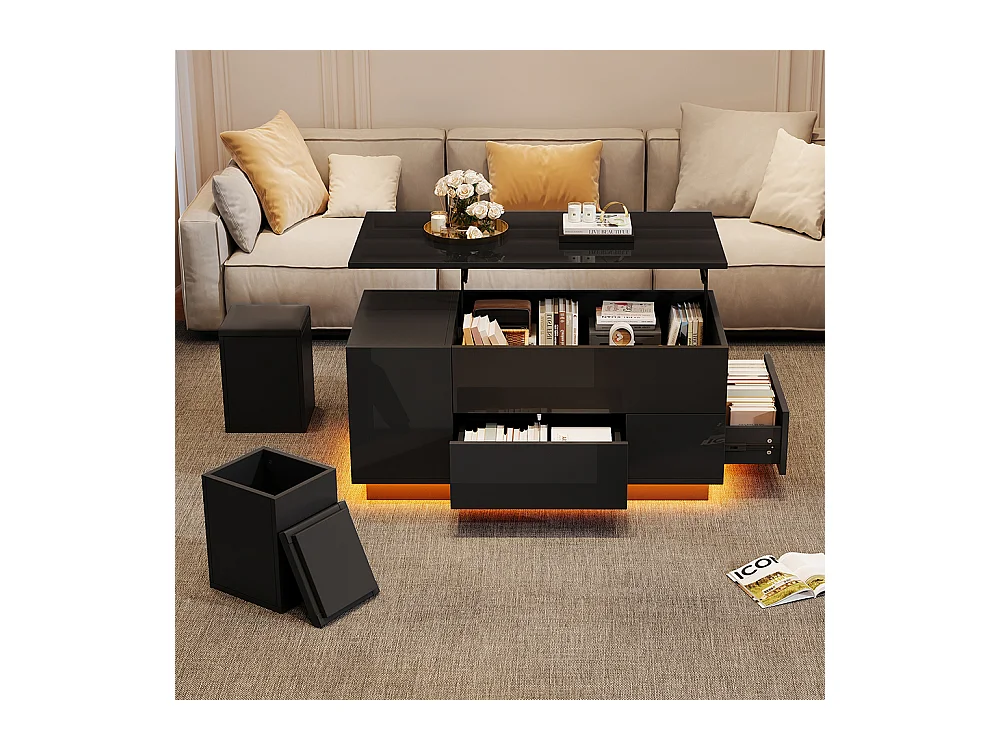 Table basse relevable 4 en 1 LED 2 tiroirs brillante canapé 2 tabourets rangement caché charge 50 kg noir