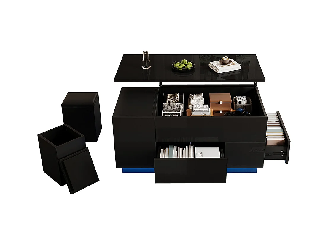Table basse relevable 4 en 1 LED 2 tiroirs brillante canapé 2 tabourets rangement caché charge 50 kg noir