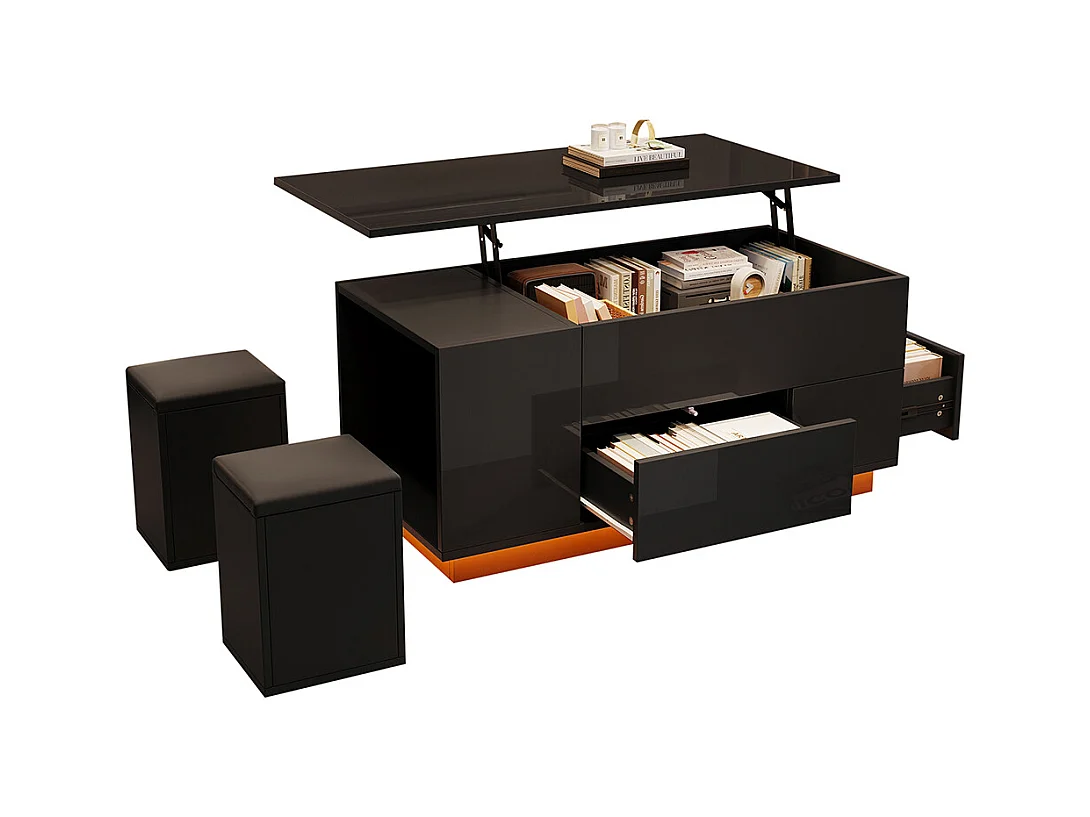 Table basse relevable 4 en 1 LED 2 tiroirs brillante canapé 2 tabourets rangement caché charge 50 kg noir
