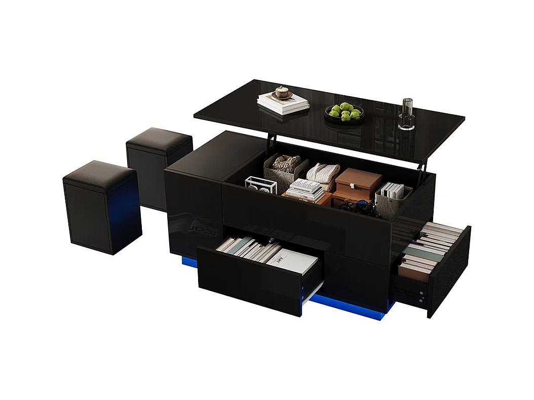 Table basse relevable 4 en 1 LED 2 tiroirs brillante canapé 2 tabourets rangement caché charge 50 kg noir