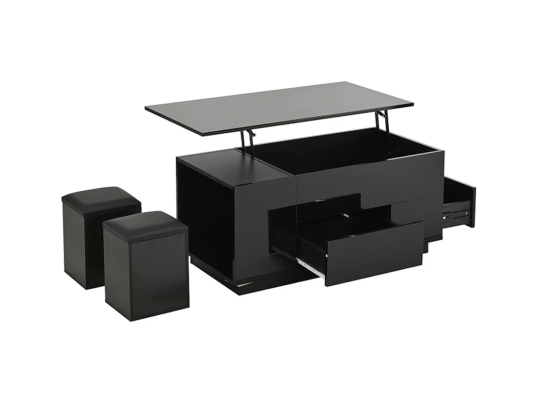 Table basse relevable 4 en 1 LED 2 tiroirs brillante canapé 2 tabourets rangement caché charge 50 kg noir