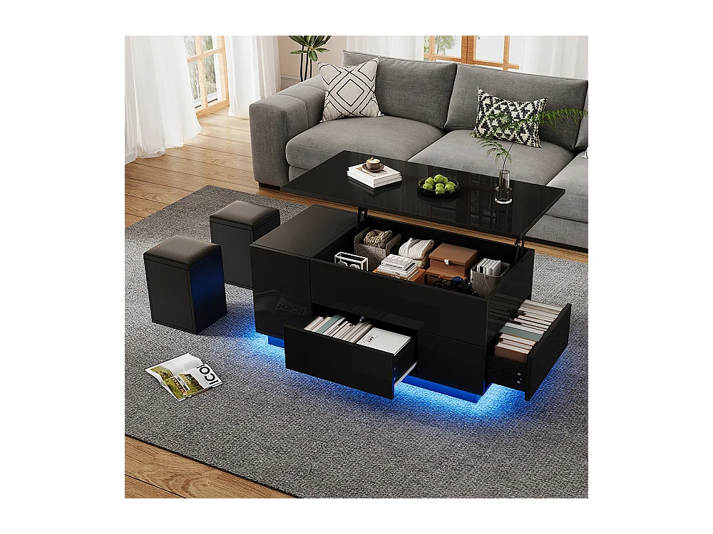 Table basse relevable 4 en 1 LED 2 tiroirs brillante canapé 2 tabourets rangement caché charge 50 kg noir