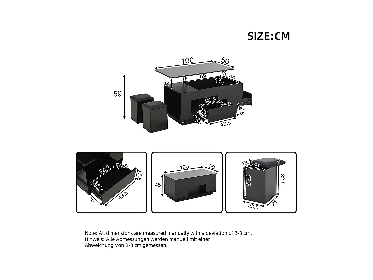 Table basse relevable 4 en 1 LED 2 tiroirs brillante canapé 2 tabourets rangement caché charge 50 kg noir