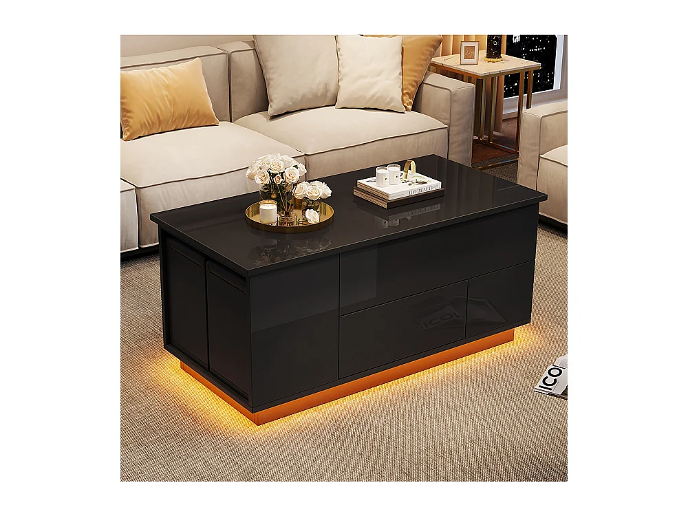 Table basse relevable 4 en 1 LED 2 tiroirs brillante canapé 2 tabourets rangement caché charge 50 kg noir