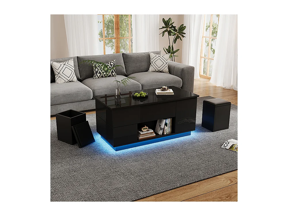 Table basse relevable 4 en 1 LED 2 tiroirs brillante canapé 2 tabourets rangement caché charge 50 kg noir