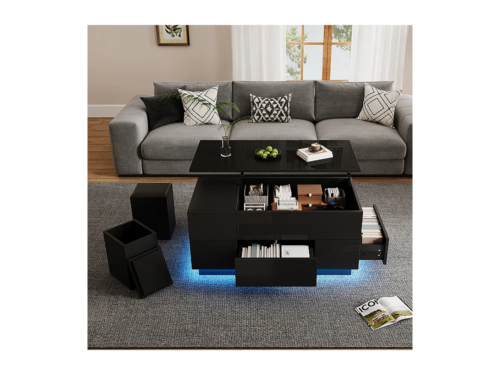 Table basse relevable 4 en 1 LED 2 tiroirs brillante canapé 2 tabourets rangement caché charge 50 kg noir
