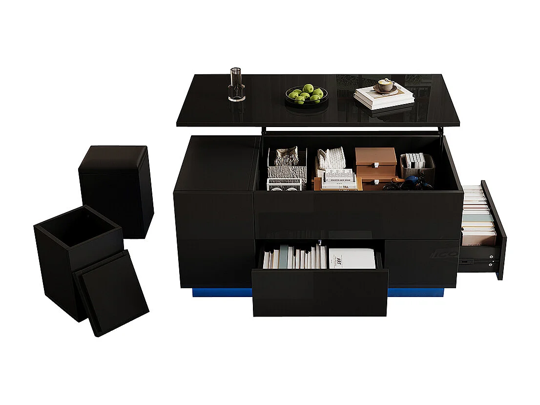 Table basse relevable 4 en 1 LED 2 tiroirs brillante canapé 2 tabourets rangement caché charge 50 kg noir