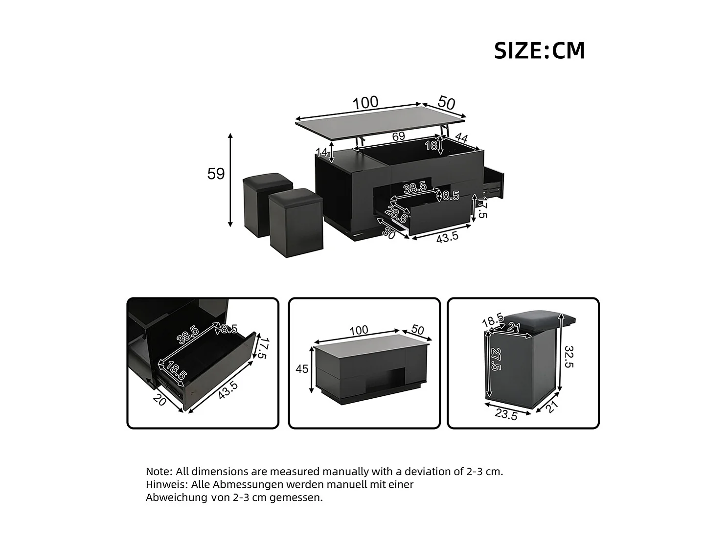 Table basse relevable 4 en 1 LED 2 tiroirs brillante canapé 2 tabourets rangement caché charge 50 kg noir