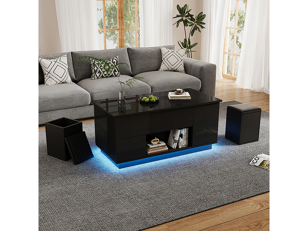 Table basse relevable 4 en 1 LED 2 tiroirs brillante canapé 2 tabourets rangement caché charge 50 kg noir