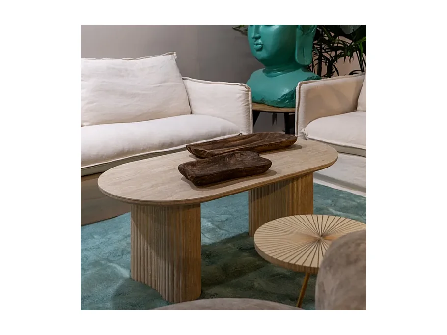 Table basse ovale pierre beige 120 cm double piètement CAELIS