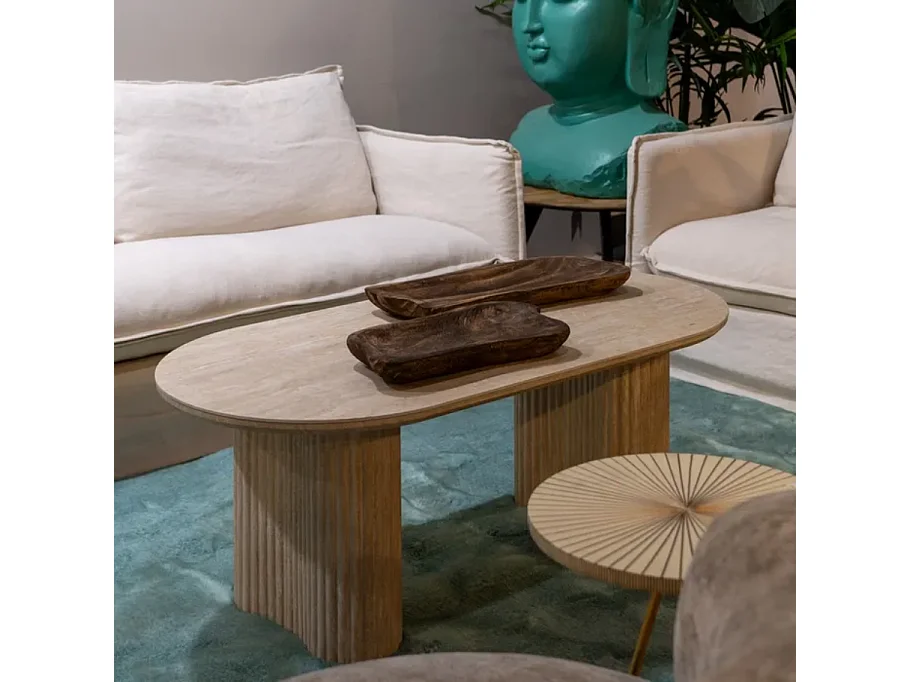 Table basse ovale pierre beige 120 cm double piètement CAELIS