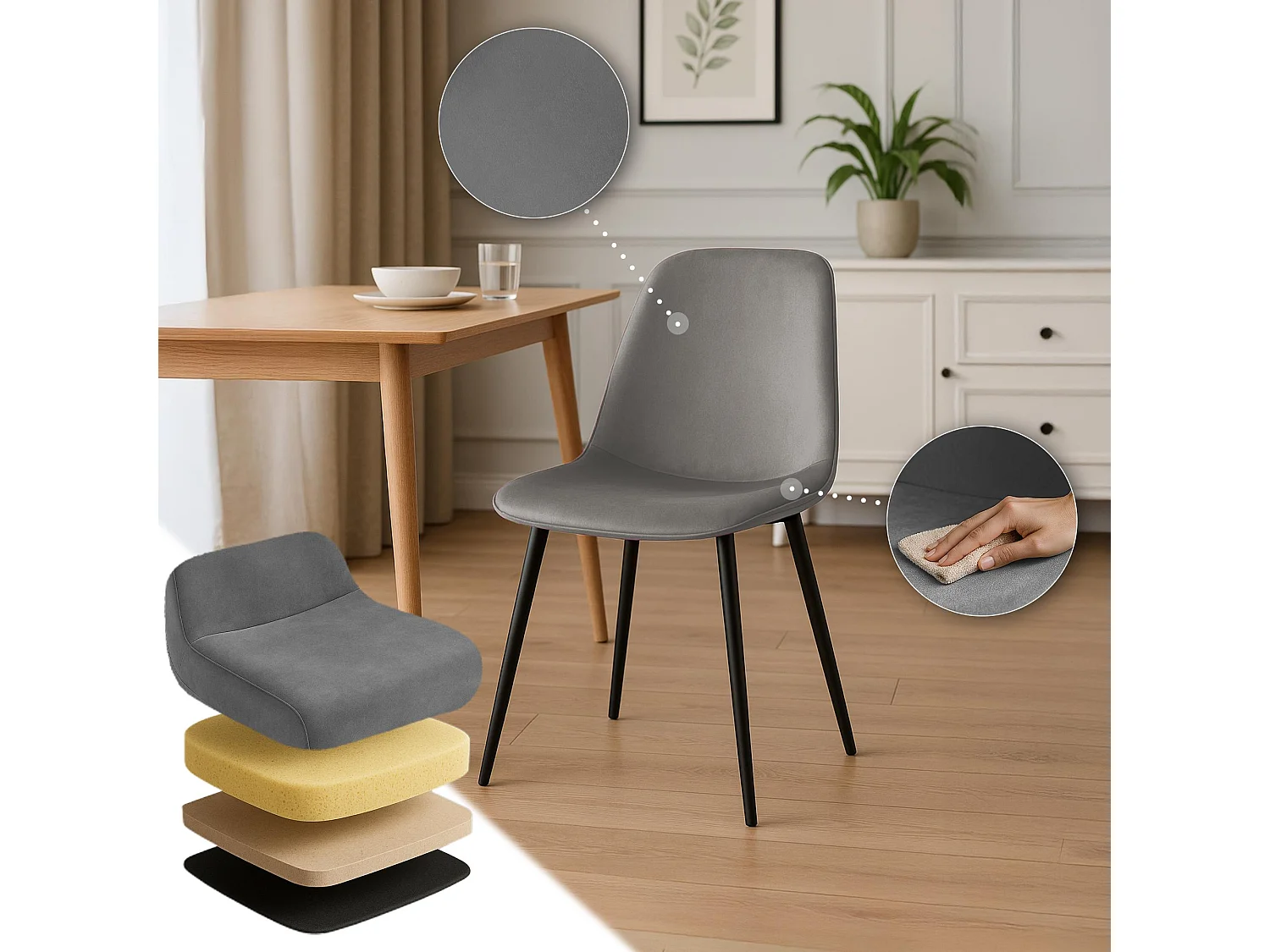 Lot de 2  chaise salle à manger - Velours - Gris clair - Maryam