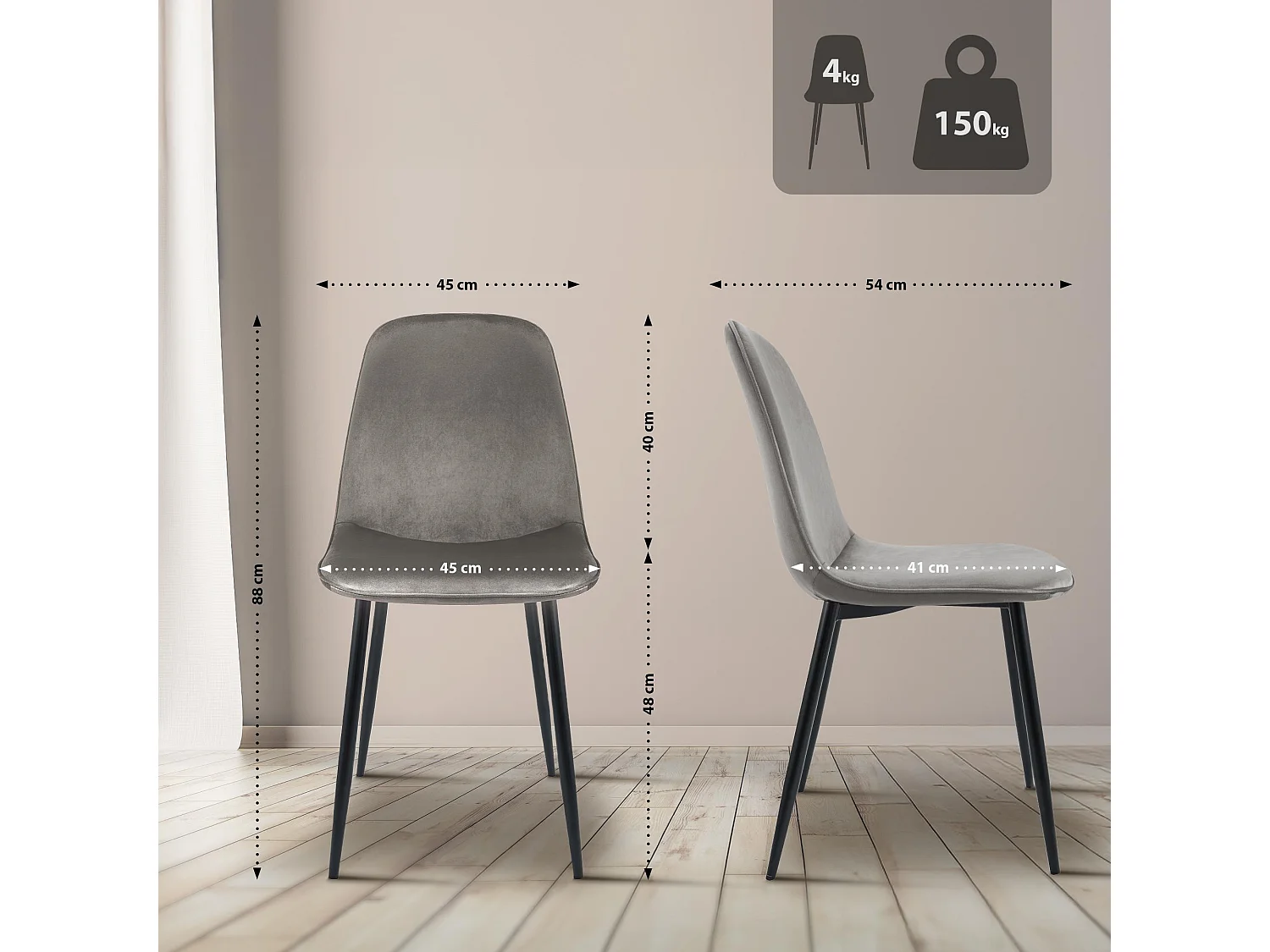 Lot de 2  chaise salle à manger - Velours - Gris clair - Maryam