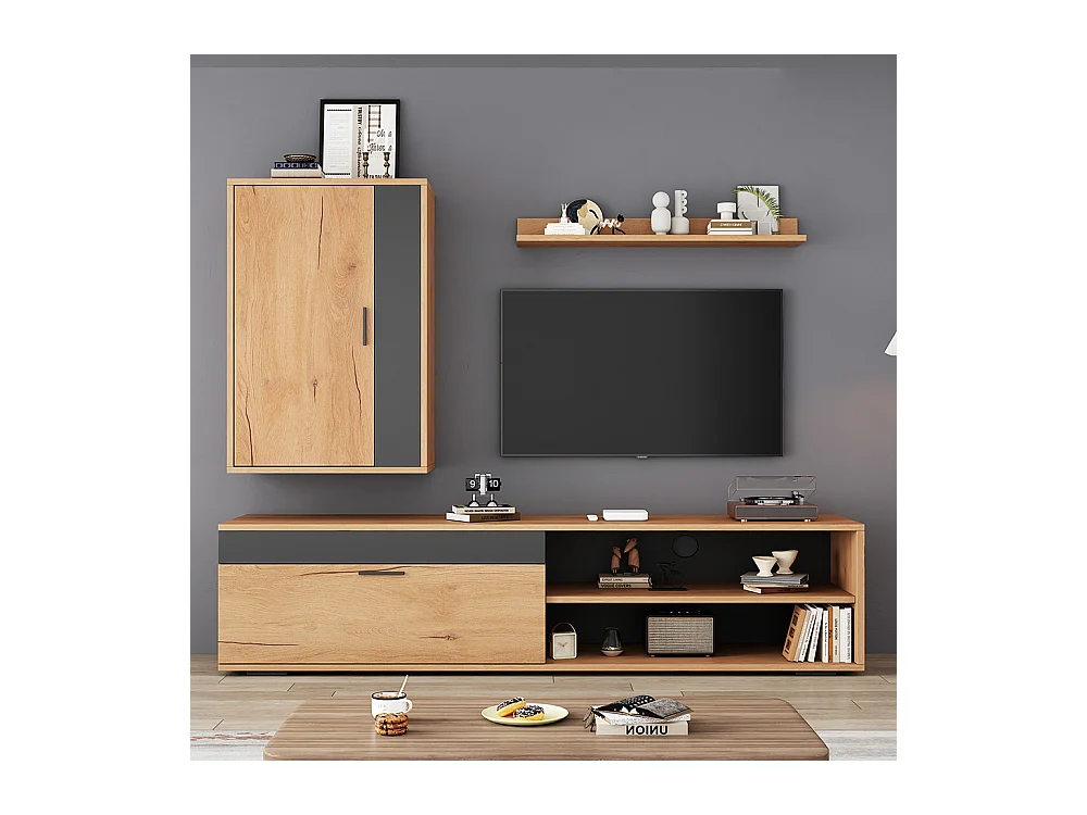 Ensemble mural TV 140x35x39 cm 3 pièces meuble TV étagère pied murale salon moderne bois noir