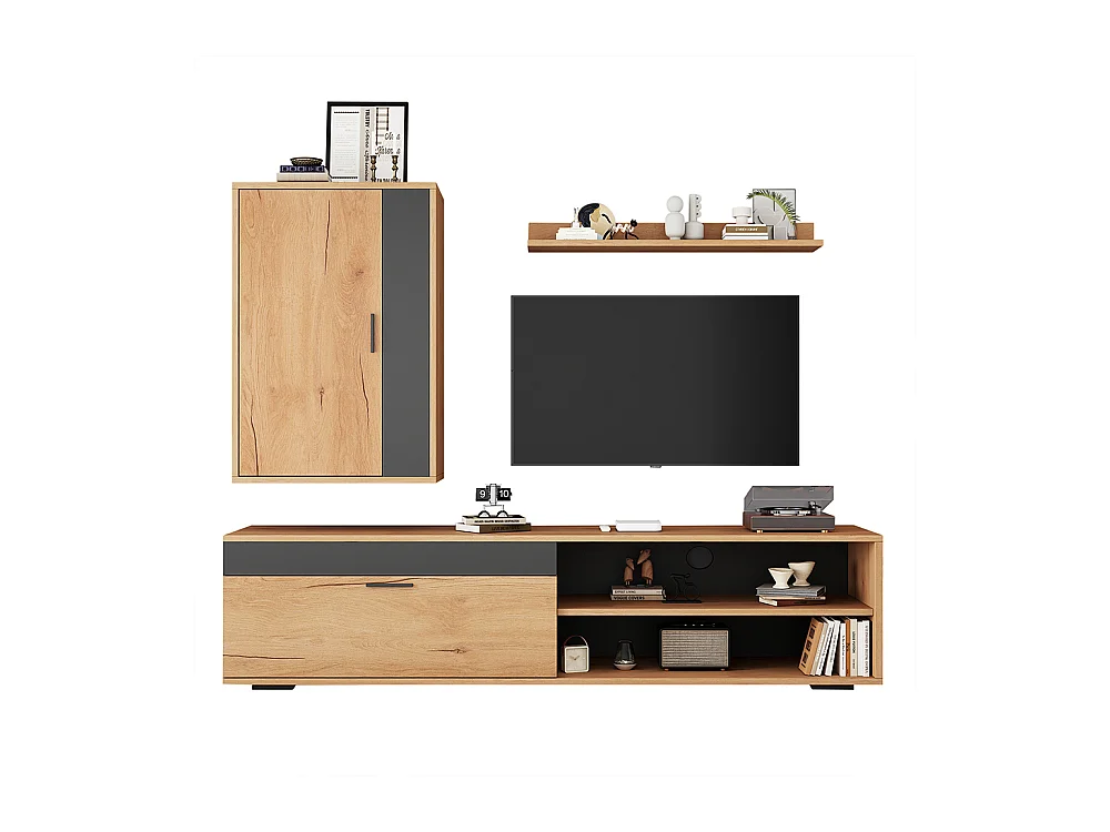 Ensemble mural TV 140x35x39 cm 3 pièces meuble TV étagère pied murale salon moderne bois noir