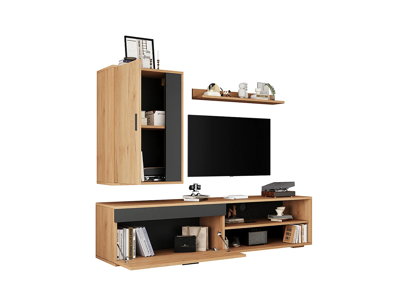 Ensemble mural TV 140x35x39 cm 3 pièces meuble TV étagère pied murale salon moderne bois noir