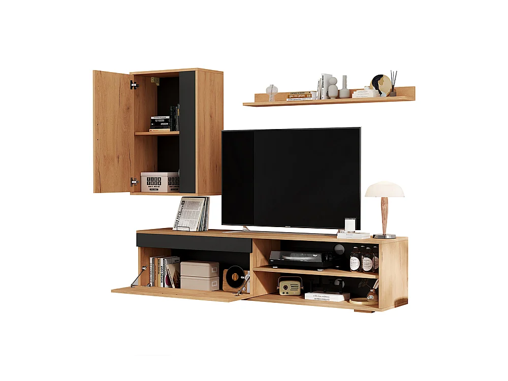 Ensemble mural TV 140x35x39 cm 3 pièces meuble TV étagère pied murale salon moderne bois noir