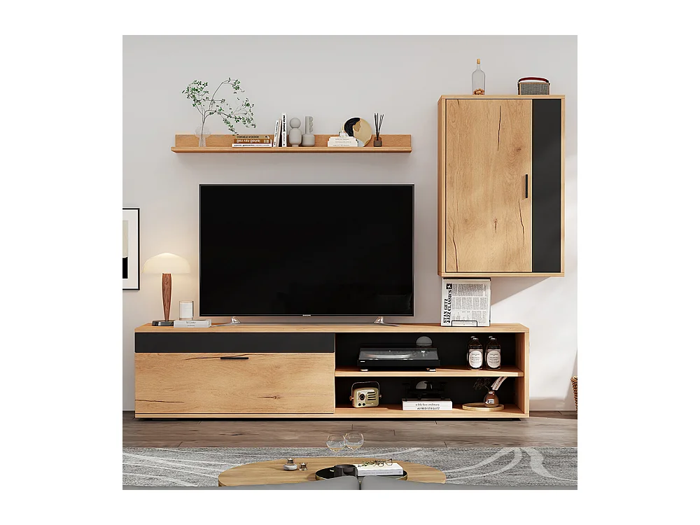 Ensemble mural TV 140x35x39 cm 3 pièces meuble TV étagère pied murale salon moderne bois noir