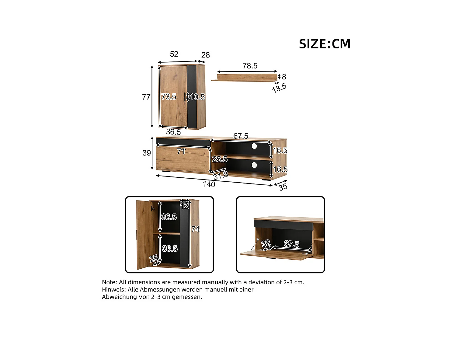Ensemble mural TV 140x35x39 cm 3 pièces meuble TV étagère pied murale salon moderne bois noir