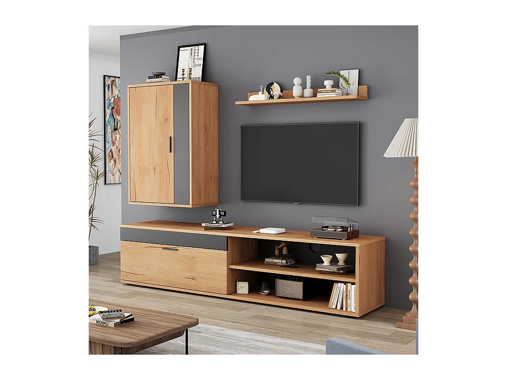 Ensemble mural TV 140x35x39 cm 3 pièces meuble TV étagère pied murale salon moderne bois noir