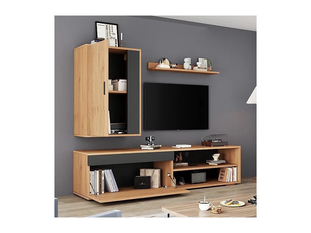 Ensemble mural TV 140x35x39 cm 3 pièces meuble TV étagère pied murale salon moderne bois noir
