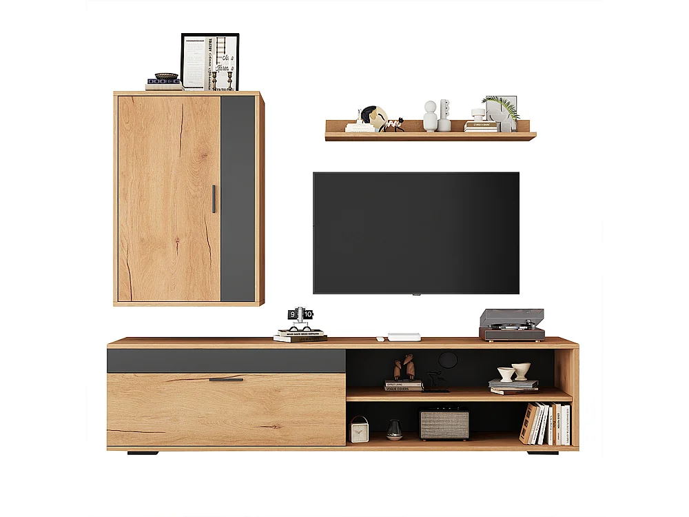 Ensemble mural TV 140x35x39 cm 3 pièces meuble TV étagère pied murale salon moderne bois noir