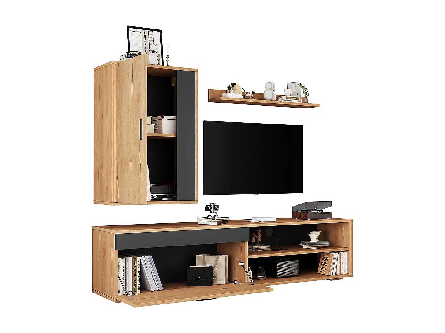 Ensemble mural TV 140x35x39 cm 3 pièces meuble TV étagère pied murale salon moderne bois noir