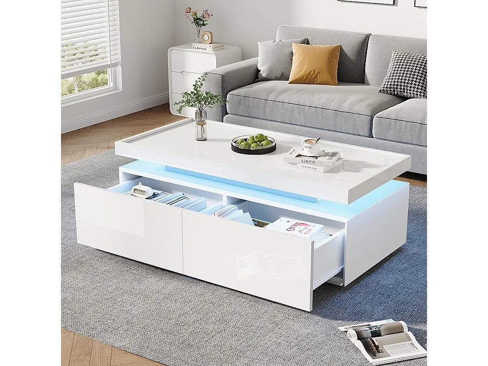Table basse LED 95x45x35 cm 2 tiroirs brillante moderne minimaliste design géométrique blanc