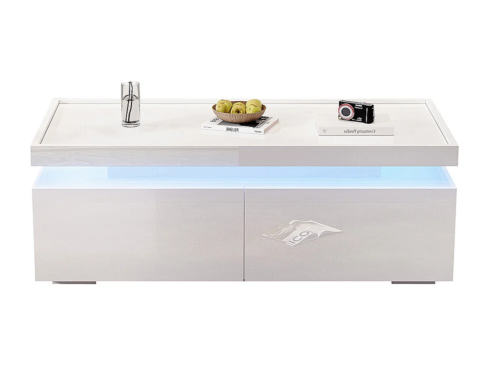 Table basse LED 95x45x35 cm 2 tiroirs brillante moderne minimaliste design géométrique blanc