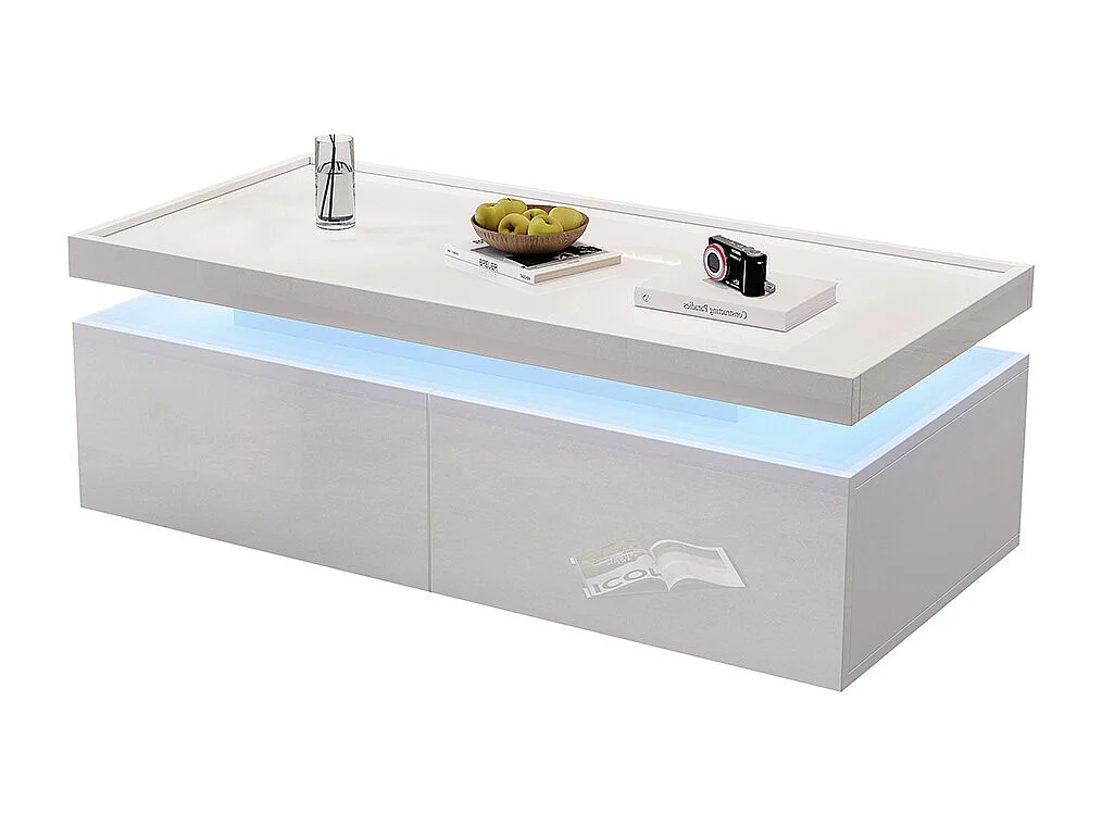 Table basse LED 95x45x35 cm 2 tiroirs brillante moderne minimaliste design géométrique blanc