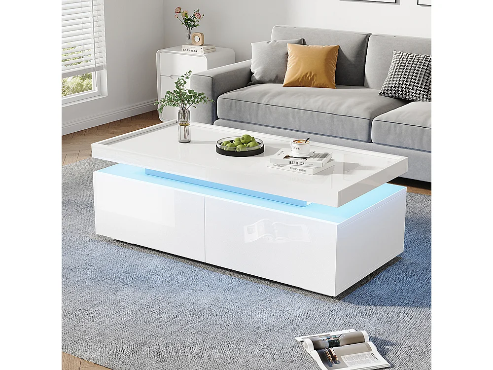 Table basse LED 95x45x35 cm 2 tiroirs brillante moderne minimaliste design géométrique blanc