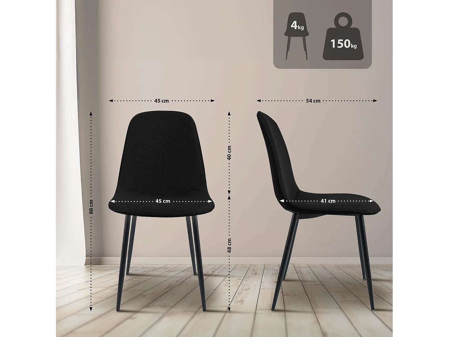 Lot de 2  chaise salle à manger - Tissu - Noir - Maryam