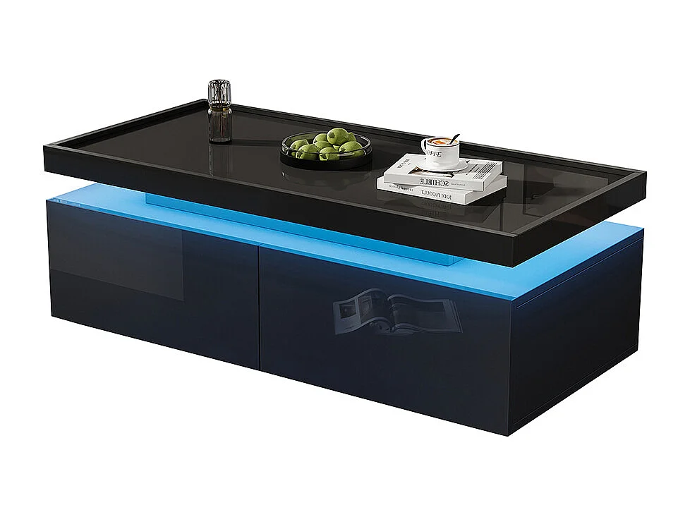 Table basse LED 95x45x35 cm 2 tiroirs brillante moderne minimaliste design géométrique noir