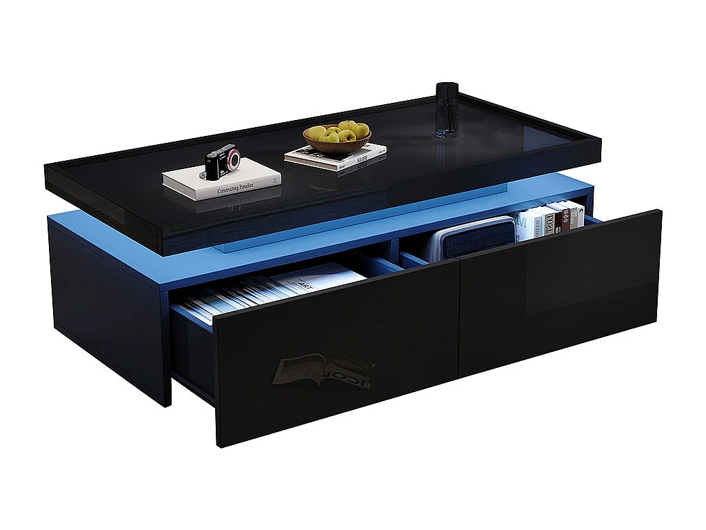 Table basse LED 95x45x35 cm 2 tiroirs brillante moderne minimaliste design géométrique noir